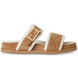 Fendi Feel Slide Shearling Fur Lined Bronze Monogram Logo Mule Flat Sandal 37.5